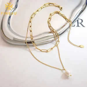 Freshwater Pearl Double Layer Paperclip Chain Necklace For Women PVD Gold Stainless Steel Waterproof Hypoallergenic