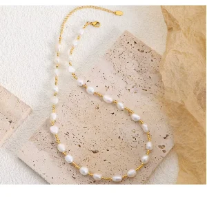 Freshwater Pearl Jewelry PVD Gold Plated Stainless Steel Bead Choker Baroque Natural Freshwater Pearl Necklace Women