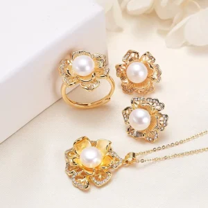 Freshwater Pearl Jewelry Set 3pcs Necklace Earrings Ring Elegant Natural Pearl Pendant Studs Gift for Women Bridal Party