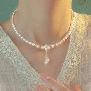 Freshwater Pearl Necklace Wedding Necklace for Women Gold Flower Pearl Beads Necklace