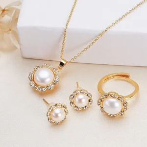 Freshwater Pearl Set Versatile Fashion Necklace Pendant Earrings Ring 3pcs Women Jewelry Gift Party Bridal Daily Wear