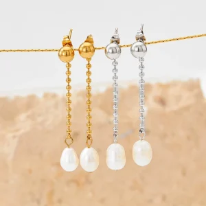 Freshwater Pearl Stainless Steel Golden Long Tassel Stud Long Earrings Chic Jewelry Women