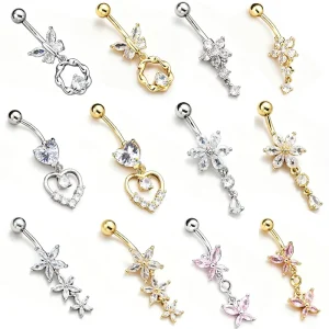 Freya 316L Stainless Steel Fashion Belly Button Piercings Rings 14G Floating Navel Rings for Girls Flowers Dangle Helix Earrings