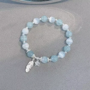 Friendship Gift Elastic Glass Moonlight Beaded Bracelet with Star Feather Pendant Charm Crystal Bracelet for Women Girls