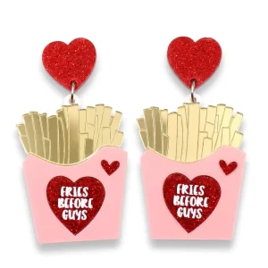 Fries Before Guys Pink Acrylic Dangle Earrings Gold Mirror Glitter Heart Food Jewelry B2B Dangles