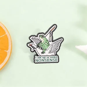 Frog Riding Goose Enamel Pin Irregular Outline Bottle On Stick Funny Nonsense Slogan Brooch For Backpack Decor