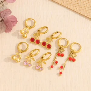 Fruit Cherry Zircon Geometric Drop Earrings 18K Gold Plated Stainless Steel Earrings for Women’s Party Wear