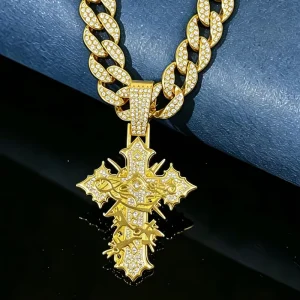 Full Diamond Cross Pendant Necklace Hip Hop 15mm Cuban Chain Alloy Bling Rapper Jewelry Gift