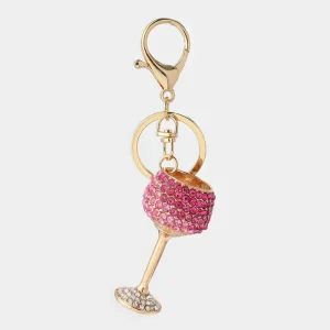 Full Rhinestone Double Color Wine Glass Keychain Korean Cute Mini Goblet Bag Charm Sparkly Wine Cup Pendant Gift for Women