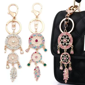 Full Rhinestone Dreamcatcher Keychain for Women with Hollow Feather Tassel Sparkly Bag Charm Pendant