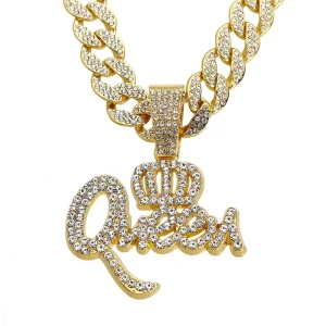 Full Rhinestone Filled Queen Pendant Necklace 16” 18″ 20″ 22” 24″ Gold Silver Plated Chain Choker