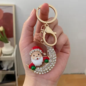 Full Rhinestone Pave Moon Santa Claus Keychain Luxury Iced Out Christmas Bag Charm for Car Key Ring Gif