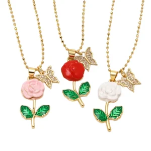 Full Zircon Butterfly Enamel Rose Pendant Necklace Long Sweater Chain Women Fashion Jewelry Accessories