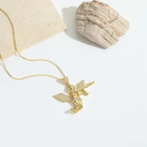 Fully CZ Cupid Charm Children’s Hip Hop Necklace Pendant White Gold Plated Brass Metal Iced Out Hand Gun Zircon Diamonds
