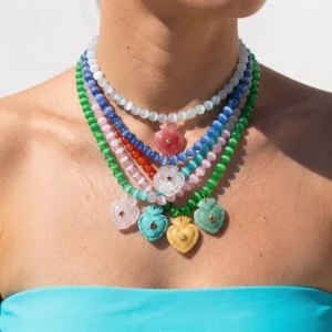 Fun Beach Style Colorful Cat’s Eye Stone Beaded Necklace CZ Heart Pendant Handmade Natural Energy Crystal Jewelry for Women