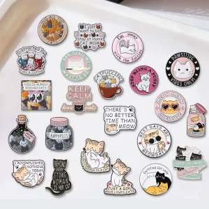 Fun Creative Alloy Brooch Cartoon Cute Black White Cat in Lazy Coffee Style Animal Theme Badge Metal Pins Plated Technique