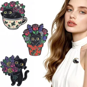 Funny Animal Enamel Brooch Pins Badges Alloy Cartoon Cute Black Cat Enamel Pins for Women Girl Bags Clothing