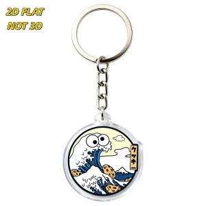 Funny Cookie in Ocean Wave Acrylic Keychain Googly Eyes, Chocolate Chips & Japanese-Style Art Design Clear Round Pendant