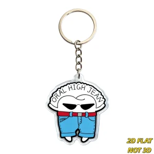 Funny Oral High Jean Cartoon Character Acrylic Keychain Cool Sunglasses & Denim Shorts Design Clear Edge Metal Ring & Chain