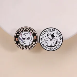Funny Round Cat With Knife Enamel Pin Peace Was Never an Option Meme Badge Cute White Kitty Lapel Pin for Backpack Jackets Gift