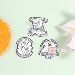 Funny Slogan White Goose Enamel Pin Book Lover Office Meme Duck Brooch For Backpack Decor
