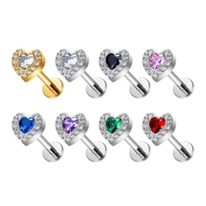 G23 ASTM F136 Titanium Alloy Fashion Earrings Conch Tragus CZ Paved Heart Shaped Labret Lip Pierc Body Jewelry