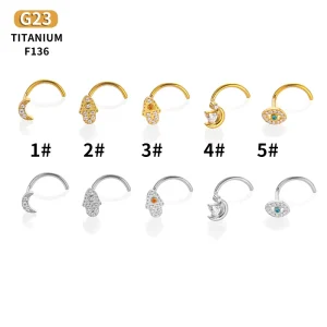 G23 ASTM F136 Titanium Corkscrew Nose Piercing Moon Hands Evil Eye Nose Stud Fashion Jewelry for Women Ladies