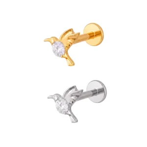 G23 ASTM F136 Titanium Hummingbird Labret Stud Internally Threaded Bird Shape Single CZ Ear Cartilage Helix Piercing Jewelry