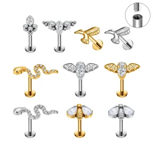 G23 ASTM F136 Titanium Internal Thread Earring Nose Cartilage Studs Animal Zircon Body Piercing Jewelry
