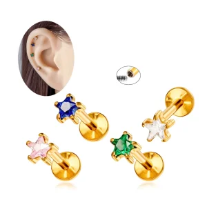G23 ASTM F136 Titanium Jewelry Inlaid Pentagram Zircon Flat Back Earrings Internally Thread Labret Cartilage Piercing