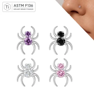 G23 ASTM F136 Titanium Spider Nose Ring CZ Internally Threaded Punk Style Rose Gold Plated Labret Unisex Gift Nose Piercing