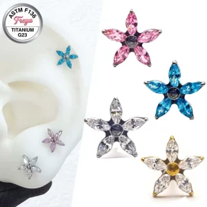 G23 ASTM F136 Titanium Zircon Ear Stud Starfish Piercing Earrings Tragus Helix Daith Lobe Flat Back Lip Labret Piercing Jewelry