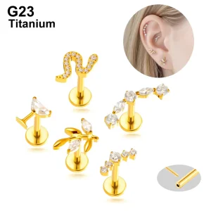 G23 F136 Titanium Alloy Snake Shaped Leaf Push Pin Style Flat Bottom Rod Lip Nail Ear Bone Nail Piercing Jewelry