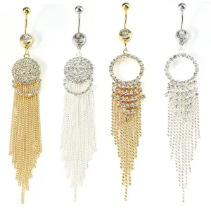 G23 Stainless Crystal Gem Navel Piercing Ring Women’s Gold Belly Button Jewelry Tassels