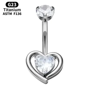 G23 Titanium 14G Belly Button Ring Heart Shaped Moon Style Zircon Claw Setting Crystal Navel Piercing Ring Women Body Jewelry