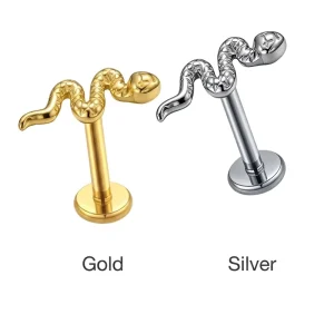 G23 Titanium 24K Gold Plated Snake Labret Piercing 16G Internal Thread Lip Stud Cartilage