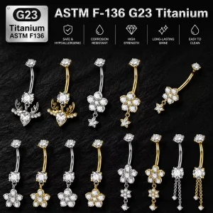 G23 Titanium ASTM F136 Belly Navel Ring Women CZ Dangle Belly Button Piercing Body Jewelry Hypoallergenic