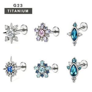 G23 Titanium ASTM F136 Threadless Ends CZ Zircon Flower Starburst Labret Stud Flat Back Helix Cartilage Body Piercing Jewelry