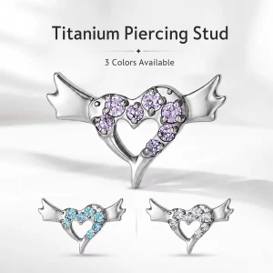 G23 Titanium Bat Wing Heart CZ Cartilage Earring Internally Threaded Piercing Top Gothic Ear Stud for Helix Tragus Conch Labret