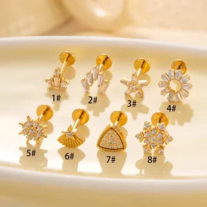 G23 Titanium Body Jewelry SnowFlower Star Threadless Flat Back Cartilage Stud Earring Labret Piercing Jewelry