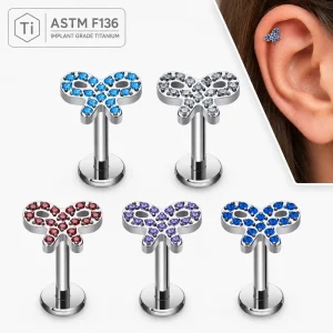G23 Titanium Bow Cartilage Earring ASTM F136 Zircon Flat Back Helix Tragus Piercing Stud Body Jewelry Wedding Unisex Gold Plated