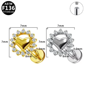 G23 Titanium Children’s New Arrival Fashion Heart Piercing Stud Earrings Internally Threaded Zircon Gold Plated Body Jewelry