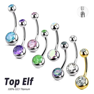 G23 Titanium Double Crystal External Threaded Navel Belly Button Piercing Body Jewelry