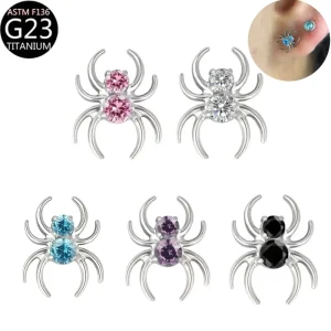G23 Titanium Double Zircon Spider Piercing Earrings Ear Bone Stud Flat Back Earrings Lip Rings Body Piercing Jewelry