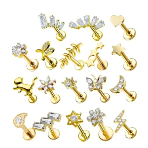 G23 Titanium Ear Stud Ring Butterfly Zircon Lip Ring 16G Labret Piercing Flat Back Earring Gold Plated Body Jewelry