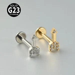 G23 Titanium Exquisite Personalized Arrow Zircon Inlaid Internal Thread Flat Base Earring Lip Stud Fashion Piercing Jewelry