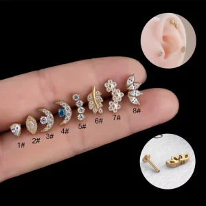 G23 Titanium F136 Titanium Zircon Moon Leaf Flower Cartilage Earrings Piercing Jewelry