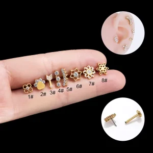 G23 Titanium F136 Zircon Bear Paw Flower Cartilage Earrings Piercing Jewelry