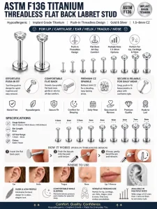 G23 Titanium Flat Bottom Lip Ring Earrings Luxury CZ Zircon Pin Stud Daily Wear & Party Fashion for Women for Wedding & Gift