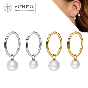 G23 Titanium Gold Plated Detachable Pearl Pendant Hoop Earrings for Women Cartilage Piercing Daily Wear Body